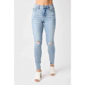 Judy Blue Mid Rise Tummy Control Destroy Skinny Denim Jeans Light Wash Size 15